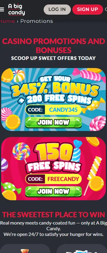 A Big Candy Casino mobile promotions screen