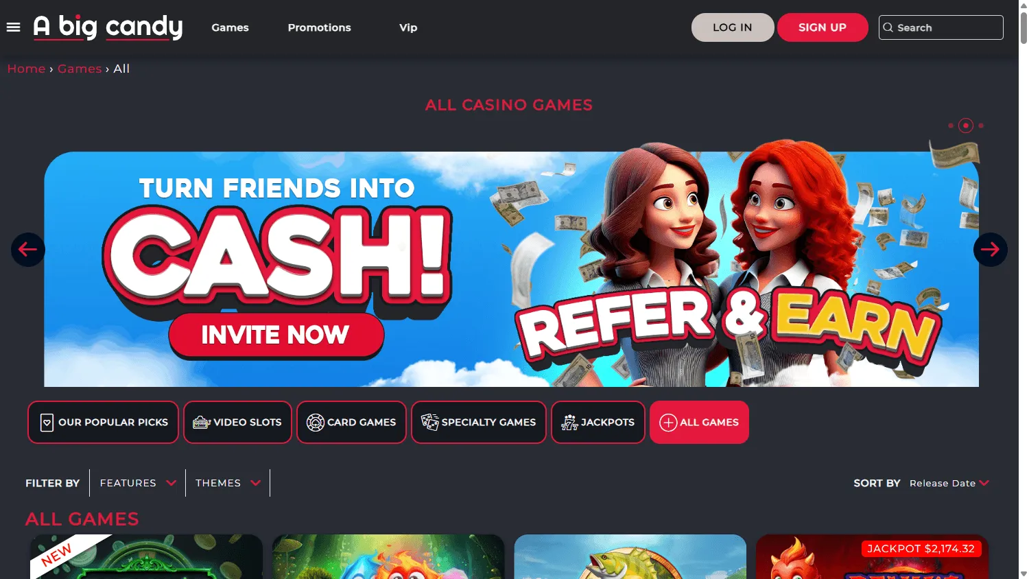 A Big Candy Casino desktop games screen