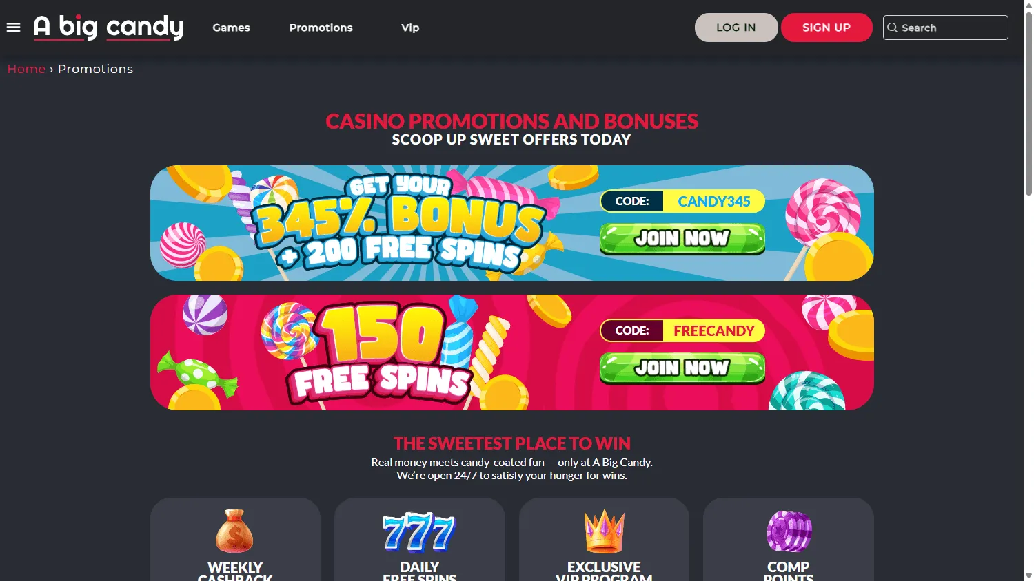 A Big Candy Casino desktop promotions screen
